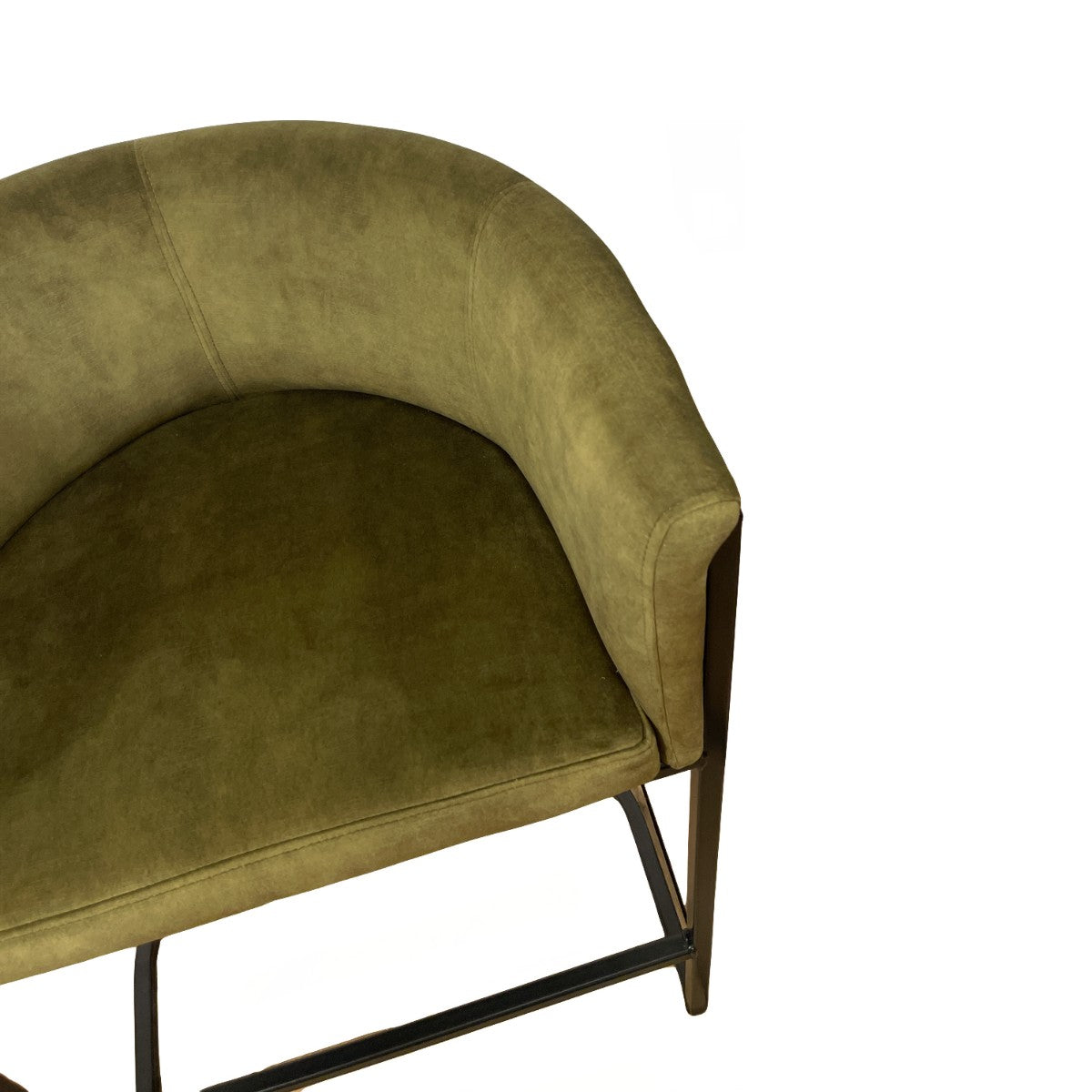 Counter chair upholstered in moss green on a cantilevered metal frame