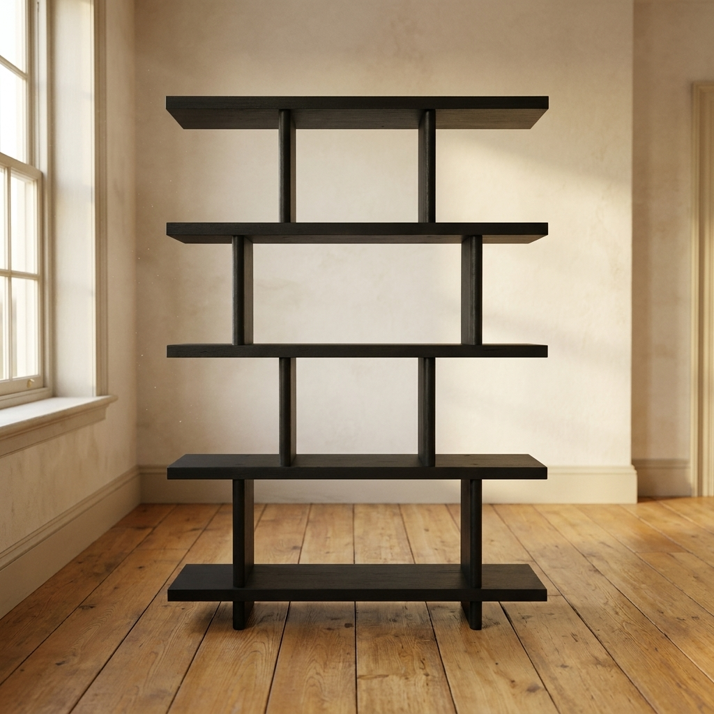 Lifestyle scene featuring Valencia Bookcase In Black Oak. AI-generated supplementary image; refer to primary product photos for color and material accuracy.