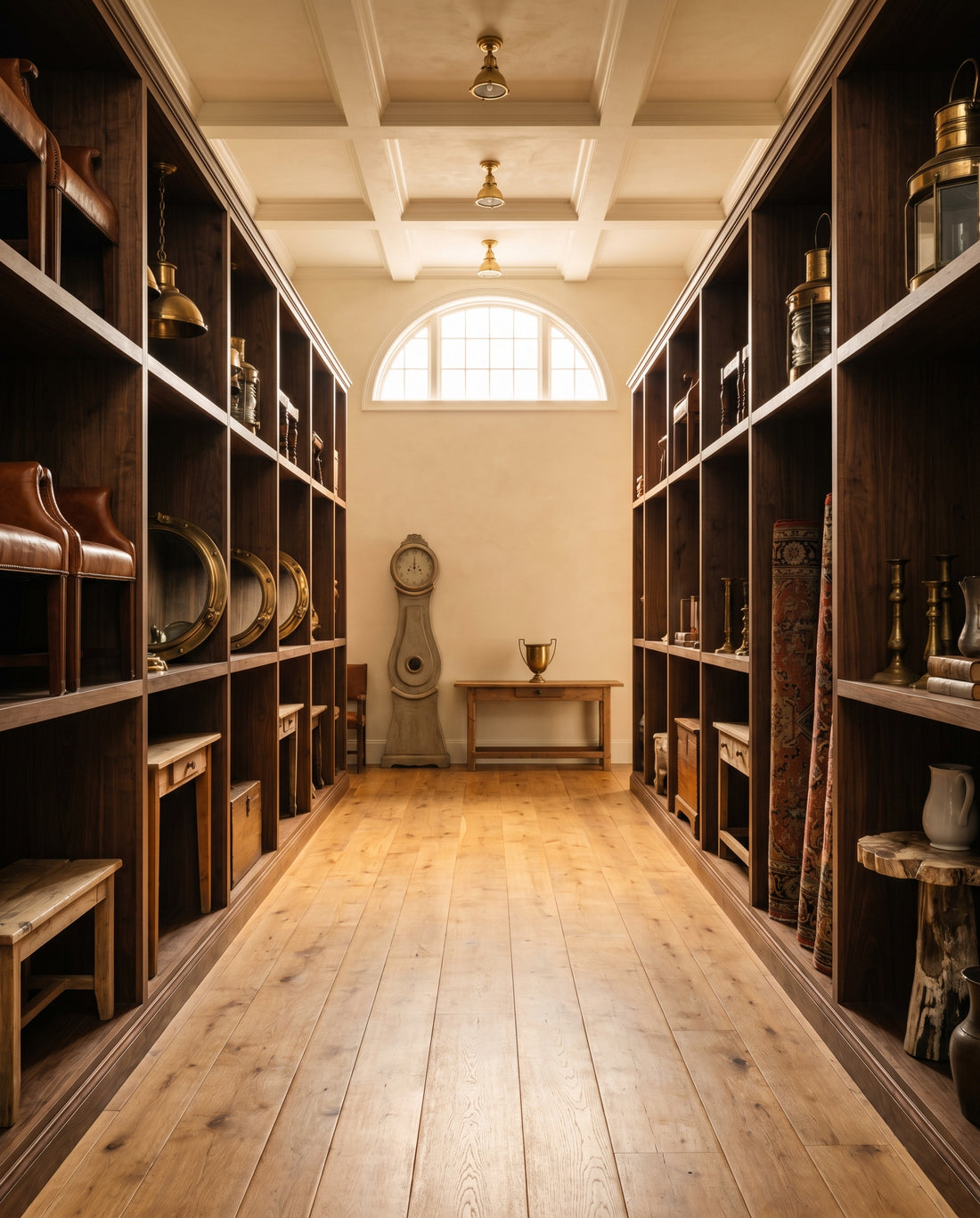 Emma Grace Home heritage furniture archive in High Point, North Carolina, with curated reclaimed pine, antique buffalo leather, brass marine lighting, brass porthole mirrors, vintage rugs, and a Mora long-case clock arranged on dark walnut shelving in warm afternoon light.
