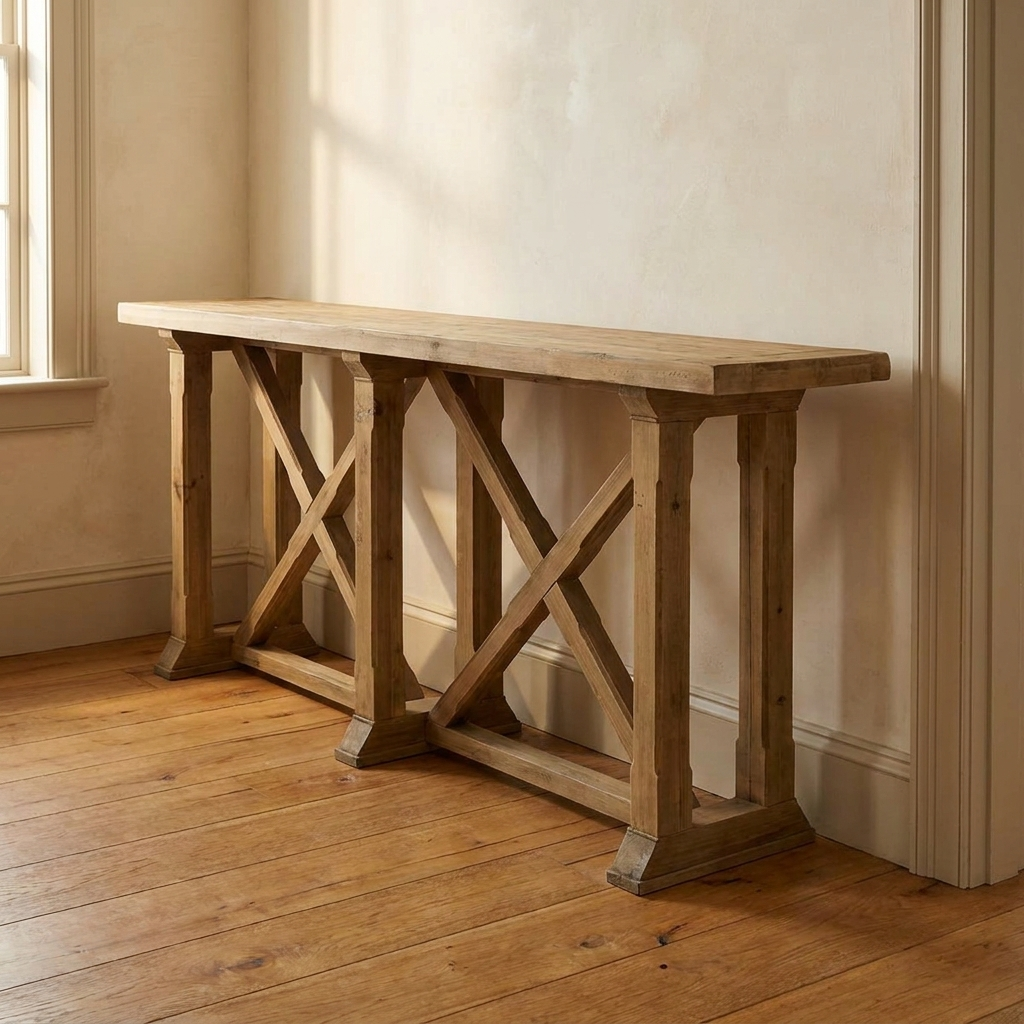 Lifestyle scene featuring X-Based Console In Natural Finish. AI-generated supplementary image; refer to primary product photos for color and material accuracy.